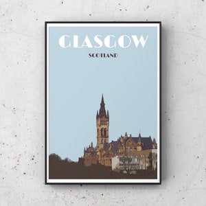 Glasgow print, Glasgow art, Glasgow University print, Glasgow gifts, Glasgow poster, Glasgow skyline, Glasgow travel poster, Glasgow westend