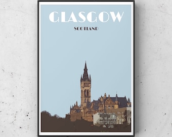 Glasgow print, Glasgow art, Glasgow University print, Glasgow gifts, Glasgow poster, Glasgow skyline, Glasgow travel poster, Glasgow westend