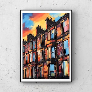 Glasgow Print, Glasgow art, Glasgow Tenement art, Glasgow Gifts, Glasgow sunset