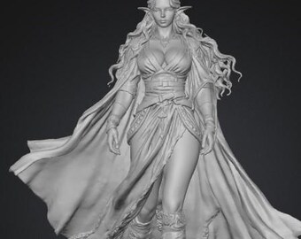Puede incluir: Figura impresa en 3D en escala de grises de un personaje femenino de fantasía. Tiene cabello largo y suelto, orejas puntiagudas y viste un atuendo detallado con una capa fluida. La figura está sobre una base texturizada.