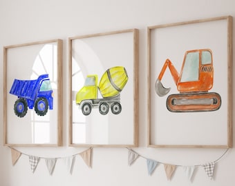 Set of Construction Vehicles, Boys Bedroom, Boys Bedroom Decor, Nursery Prints, Construction Wall Art