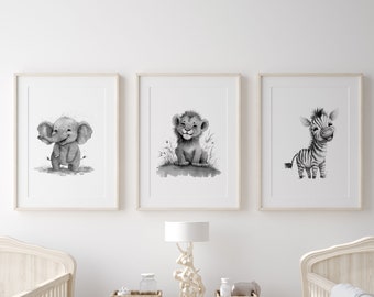 Set of Black And White Safari Animal Nursery Prints, Animal Pictures For Nursery, Childrens Wall Prints