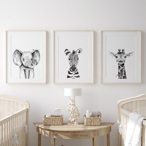 Safari Nursery Animal Print, Black & White Watercolour Safari Wall Art, Children's Wall Art, Animal Bedroom Prints, Nursery Print Set