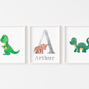 Set of 3 Personalised Nursery Dinosaur Prints, Watercolour Dinosaur Wall Art, Children's Wall Art, Dinosaur Bedroom Print, Nursery Print Set image 1