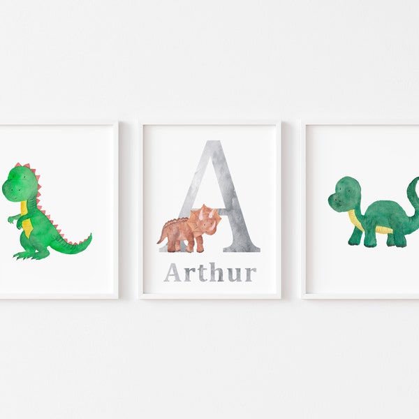 Set of 3 Personalised Nursery Dinosaur Prints, Watercolour Dinosaur Wall Art, Children's Wall Art, Dinosaur Bedroom Print, Nursery Print Set