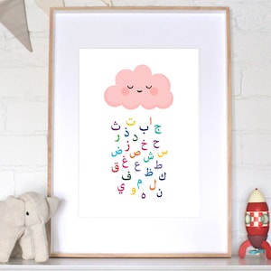 Può includere: Una nuvola rosa con un viso sorridente e gli occhi chiusi sta piovendo l'alfabeto arabo in diversi colori. Le lettere sono disposte in un cerchio.