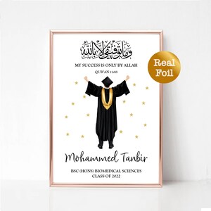 May include: A graduation announcement with a black and gold illustration of a graduate with arms raised. The text reads "My success is only by Allah, Qur'an 11:88" and "Mohammed Tanbir, BSC (Hons) Biomedical Sciences, Class of 2022".