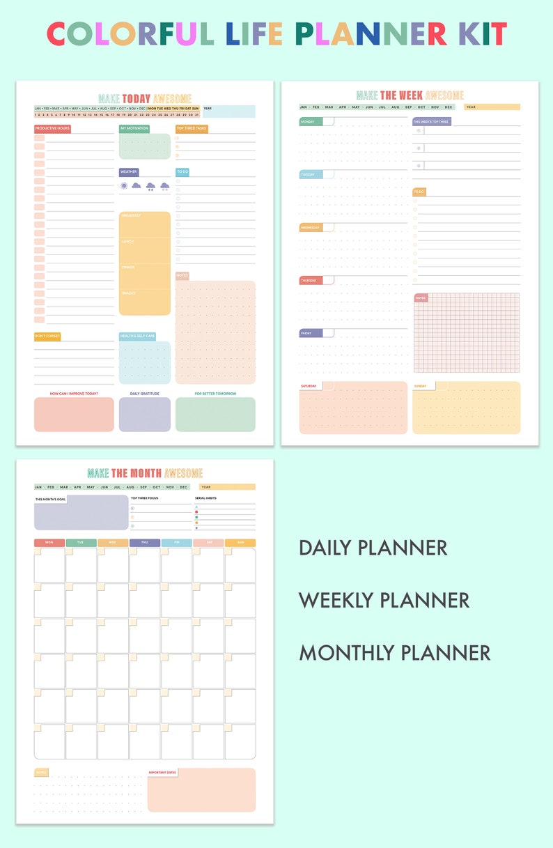 Downloadable Planner Kit Colorful, Planner Printable Template ...