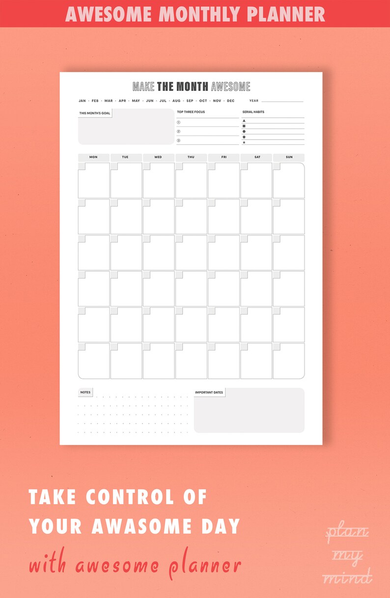 Monthly Planner Printable Simple, Monthly Printable Planner Template ...