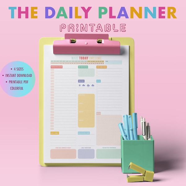 Daily Planner Printable Colorful, Daily Printable Planner Template, Printable Daily Planner PDF, Downloadable Planner, Undated Planner