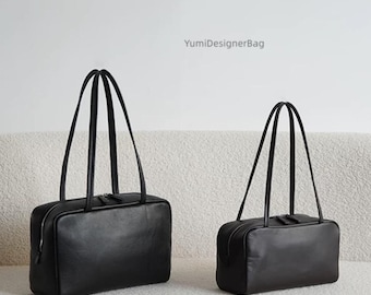 Top Layer Lambskin Leather Tote Bag,Ladies Top Handle Bag,Minimal Design Sheepskin Shoulder purse,Mini bowling Handbag