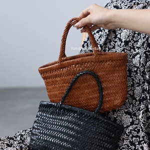 Women's Handwoven Leather Bag,Soft Top Layer Oil-Wax Cowhide Leather Hand Woven Ladies Tote Bag,Ladies Daily Top handle Basket bag