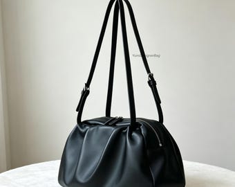 Womens Slouchy Shoulder Bag:Soft Real Leather Bag.Handmade Designer Hobo Purse, Ladies Everyday carry Cloud handbag