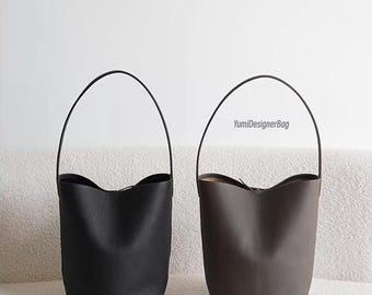 Minimalist Genuine Cowhide Leather Tote Bag,Women's Shoulder Bucket Bag, Leather Hobo Bag, Underarm Bag, Commuter Bag Multiple Colors