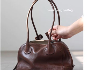 Handmade Leather Top Handle Bag: Vintage Style Cowhide Shoulder Bag,long handle handbag for women