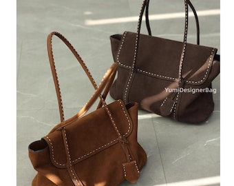 Personalized Nubuck Leather Tote Bag,Soft Real Leather Women Tote Bag,Women Shoulder Bag Commuter bag, Messenger Bag Slouchy Bag Hobo