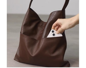 Handmade Soft Leather Tote Bag: Brown Sheepskin Shoulder Bag