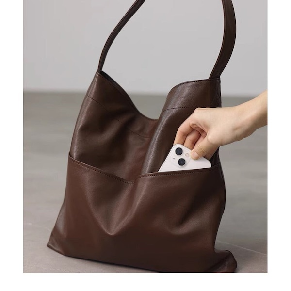 Handmade Soft Leather Tote Bag: Brown Sheepskin Shoulder Bag