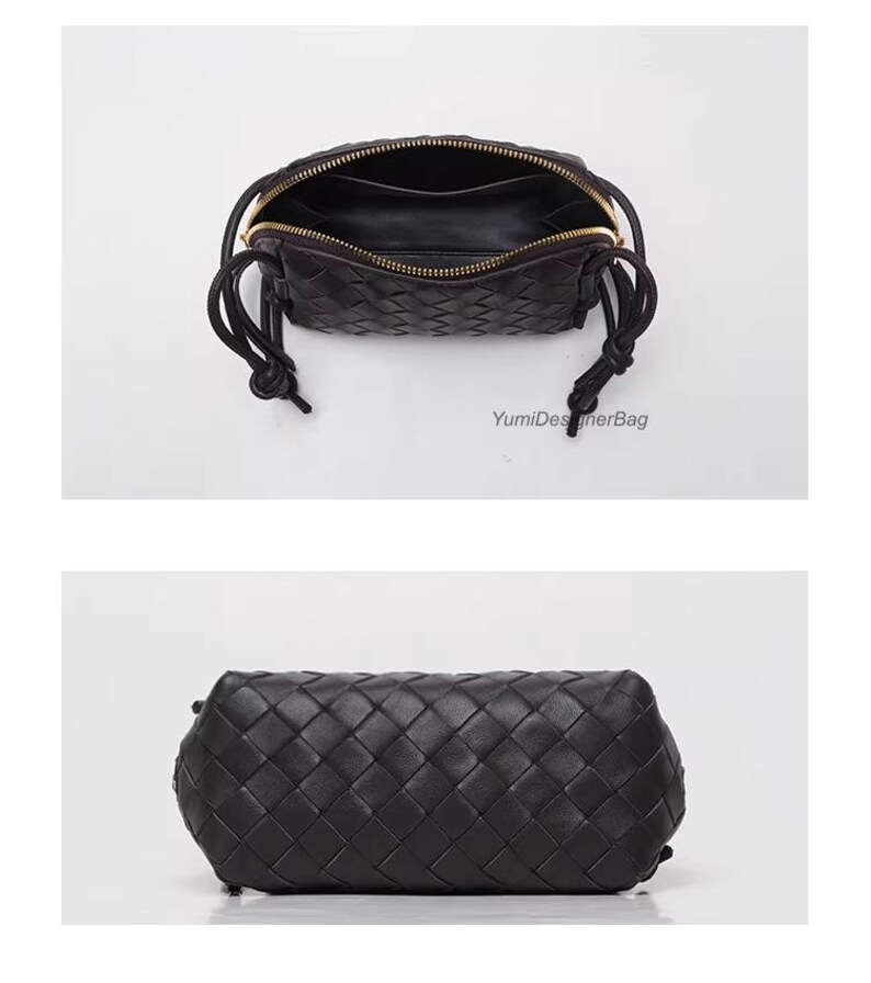 K&ouml;nnte beinhalten: Schwarze Handtasche aus geflochtenem Leder mit Rei&szlig;verschluss und goldfarbenen Details. Die Tasche hat eine rechteckige Form mit geknoteten Kordelz&uuml;gen. Das Innere ist sichtbar, und der Markenname "YumiDesignerBag" ist aufgedruckt.