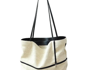 Linen Canvas with leather Tote Bag,Lightweight Shoulder Bag,Slouchy Hobo purse, shopping carry