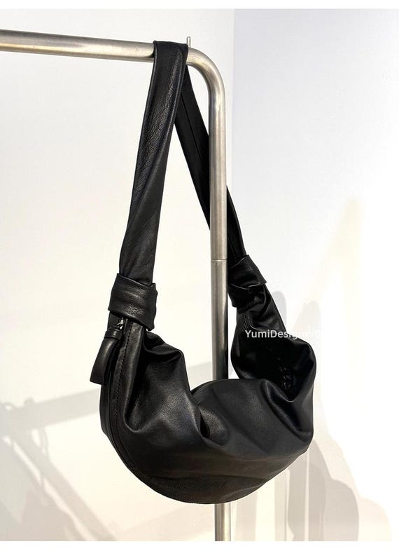Black leather hobo bag,Slouchy Everyday Shoulder Bag,Medium Size Soft Leather Crossbody Purse Moon Bag Curved Bag Sling for women & Men