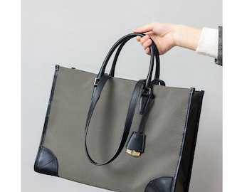 Nylon with Leather Tote Bag:Portable Large Capacity Handbag With Computer Compartment For Working