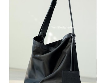 Nylon Leather Hobo Bag: Black Slouchy Shoulder Tote