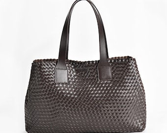 Bolso tote de cuero tejido a mano: Bolso hobo grande color café