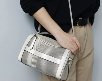 Handgemaakte leren Boston-tas: geruite katoenen en linnen schoudertas dameshandtas