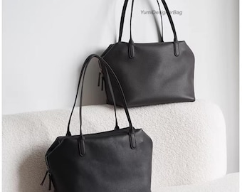 Einkaufstasche aus Vollkorn-Rindleder: Große Pendler-Schultertasche für Damen, Taschentasche