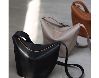 Top grain leather bucket bag:soft hobo leather Crossbody Purse