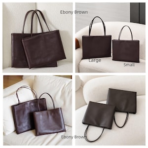 May include: Two ebony brown tote bags in large and small sizes, each featuring a rectangular shape, a smooth finish, and two thin shoulder straps. The bags are displayed in multiple arrangements, showing their size difference and structure.