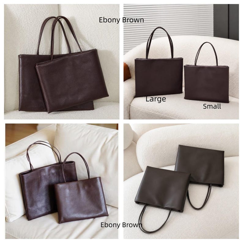 May include: Two ebony brown tote bags in large and small sizes, each featuring a rectangular shape, a smooth finish, and two thin shoulder straps. The bags are displayed in multiple arrangements, showing their size difference and structure.