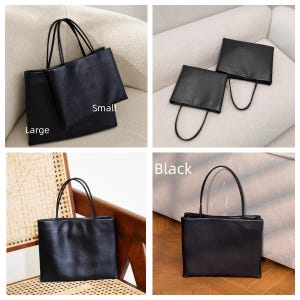 May include: A set of black rectangular tote bags with thin shoulder straps. The images display two different sizes labeled Large and Small, with the text Black indicating the color. The bags feature a smooth, solid black finish throughout.