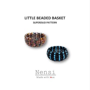 May include: Two beaded baskets, one with a brown and gold color scheme and the other with black and blue beads. The text "LITTLE BEADED BASKET" and "SUPERDUO PATTERN" is above the baskets. The text "Nensi Made with love" is below the baskets.