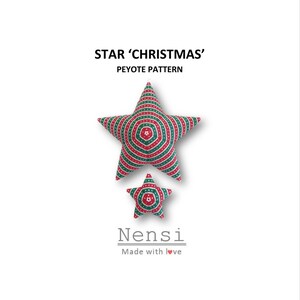 May include: A red and green star with a white polka dot pattern. The star is a peyote stitch pattern. The text "STAR 'CHRISTMAS' PEYOTE PATTERN" is above the star. The text "Nensi Made with love" is below the star.