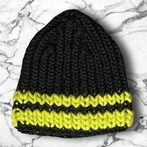 Black and neon beanie - hand knit beanie - black neon green stripe - hand knit hat - handknit in the USA - free shipping - ready to ship