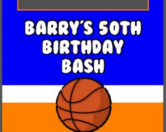 May include: A blue and orange basketball themed birthday party invitation with the text "Barry's 50th Birthday Bash" and three photo slots numbered 1, 2, and 3.