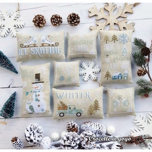 PDF DIGITAL FILE chart-Winter Joy 7 patterns- Cross stitch winter,snow, Snowmen,Snowflakes,Pincushion,, Holiday,