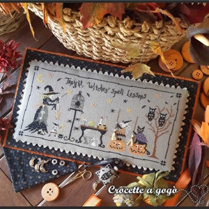 PDF FILE DIGITAL chart - Magic lessons with scissors finder - halloween cross stitch,witch,black cat,pumpkins,magic broom, scissors fob