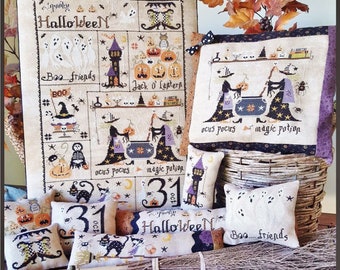 PDF DIGITAL chart FILE - Waiting for Halloween - 10 patterns - halloween cross stitch,witch,black cat,pumpkins,magic broom,spell,spider,gost