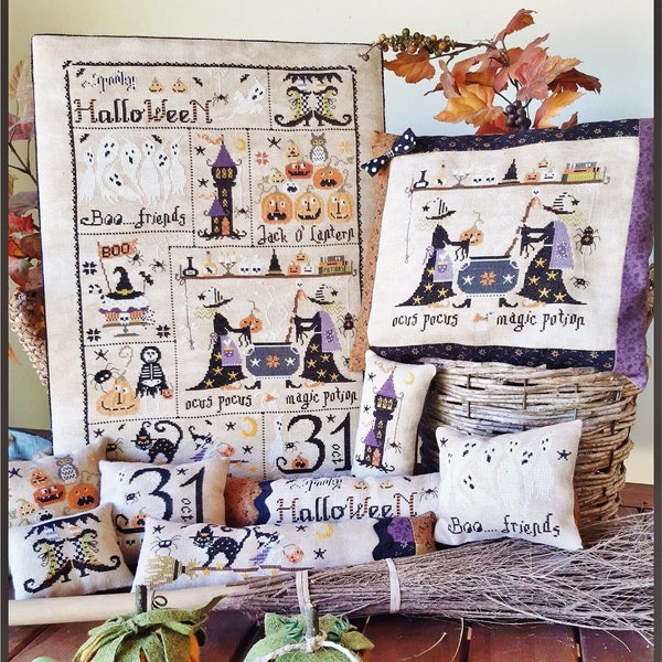 PDF DIGITAL chart FILE - Waiting for Halloween - 10 patterns - halloween cross stitch,witch,black cat,pumpkins,magic broom,spell,spider,gost