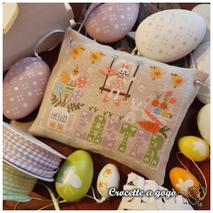 FILE PDF DIGITAL chart-Hello Easter- schema punto croce, easter cross stitch pattern ,easter eggs, easter, rabbit,