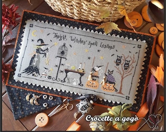 PDF FILE DIGITAL chart - Magic lessons with scissors finder - halloween cross stitch,witch,black cat,pumpkins,magic broom, scissors fob