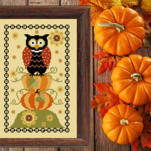 FILE PDF DIGITAL chart-Pumpkin owl-schema punto croce, Autumn Cross Stitch Pattern, cross stitch charts pumpking owl