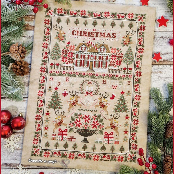 DIGITAL PDF FILE "Christmas Sampler", cross stitch chart, with writing translated into Italian, French, Reindeer, christmas tree, gift, santa