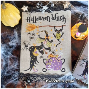 PDF-BESTAND DIGITALE grafiek-Halloween Heks-kruissteekpatroon Halloween kruissteekpatroon, heks, zwarte katten, kruissteekgrafieken befana