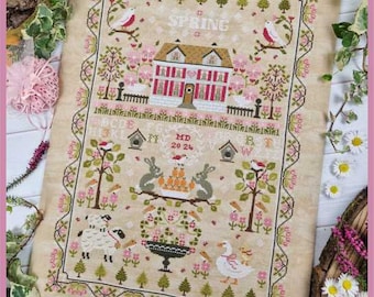 FILE PDF DIGITAL "Spring sampler", cross stitch cart, with writing translated into Italian,French and alphabeth,sampler,bunny,spring,flowers