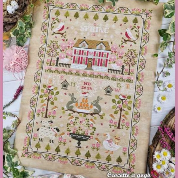 FILE PDF DIGITAL "Spring sampler", cross stitch cart, with writing translated into Italian,French and alphabeth,sampler,bunny,spring,flowers