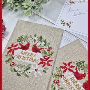 FILE PDF DIGITAL Christmas Card with Post card as a gift only for paper format, christmas cross stitch, cardinal, garland, christmas card, immagine 5